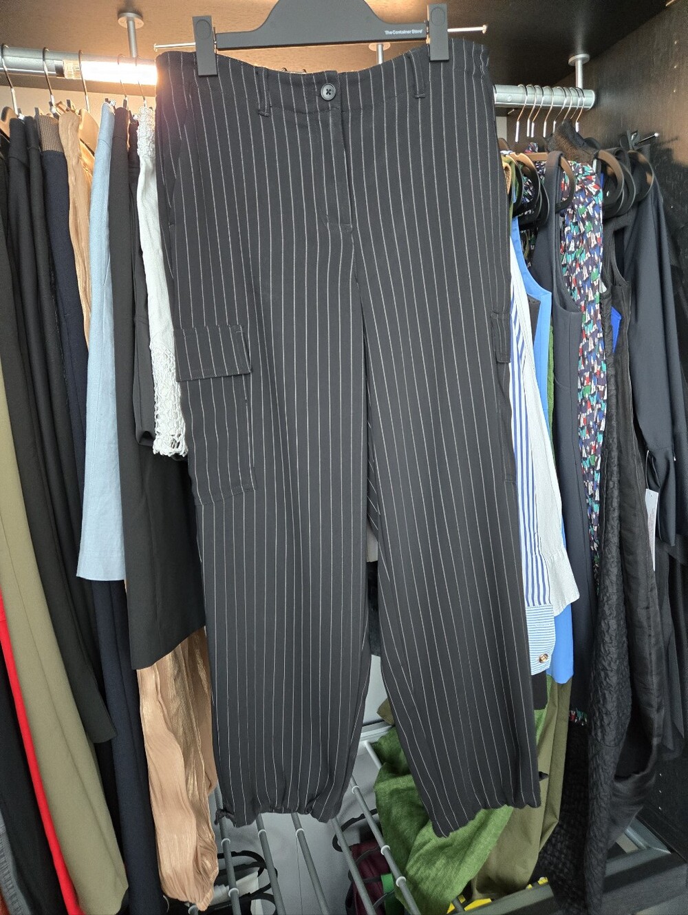 DKNY Black Pinstripe Trousers with White Stitching